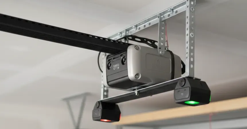 Garage door opener motor unit mounted on a garage ceiling