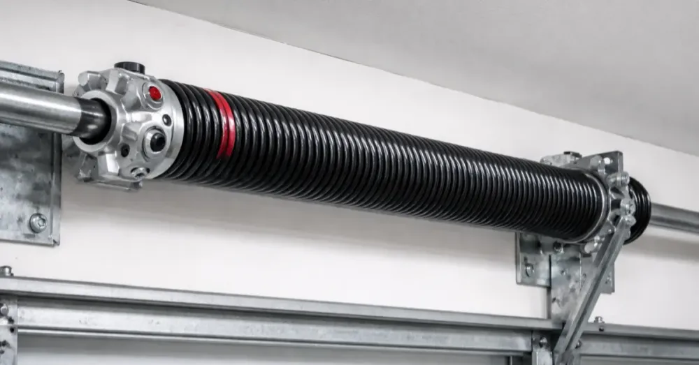 Close-up of a garage door torsion spring being replaced